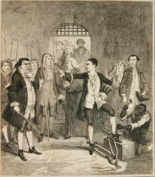 Jack Sheppards jern slået af i Stone Hall ved Newgate, illustration fra 