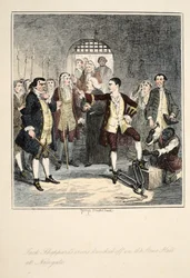 Jack Sheppards jern slået af i Stone Hall ved Newgate, illustration fra Jack Sheppard: A Romance af William Harrison Ainsworth, udgivet 1839 (håndfarvet radering)