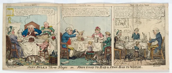 John Bulls tre stadier, eller, Fra godt til dårligt og fra dårligt til værre, 1815 (håndkoloreret gravering)