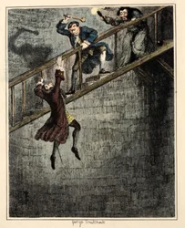Jonathan Wild kaster Sir Rowland Trenchard ned i brøndhullet, illustration fra 