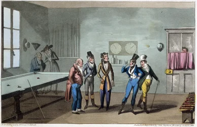 Mændene i billardrummet - i "" Life in Paris"" af David Carey, ill. af G. Cruikshank, London