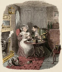 Monsieur Bumble og Madame Corney tager - Mr. Bumble og Mrs Corney drikker te - Illustration til "" Oliver Twist"" (Olivier) (The Adventures of Oliver Twist) af Charles Dickens (1812-1870), af George Cruikshank (1792-1878) ).