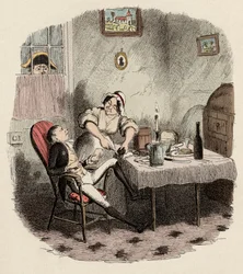 Monsieur Bumble observerer Noe Claypole og Charlotte - Mr. Claypole, som han dukkede op, da hans herre var ude - Illustration til "" Oliver Twist"" (Olivier) (The Adventures of Oliver Twist) af Charles Dickens (1812-1870), af George Cruikshank ( 1792-1878)