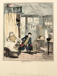 Mrs Sheppard ekspostulerer med sin søn, illustration fra Jack Sheppard: A Romance af William Harrison Ainsworth, udgivet 1839 (håndfarvet radering)