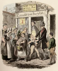 Nancy og Sikes kidnapper Oliver på gaden - Oliver hævdet af sine kærlige venner - Illustration til "" Oliver Twist"" (Olivier) (The Adventures of Oliver Twist) af Charles Dickens (1812-1870), af George Cruikshank (1792-1878) ).