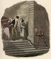 Noe Claypole spionerer på den hemmelige aftale mellem Mr. Brownlow, Rose Maylie og Nancy - mødet - Illustration for “” Oliver Twist ”” (Olivier) (The Adventures of Oliver Twist) af Charles Dickens (1812-1870), af George Cruikshank (1792-1878).