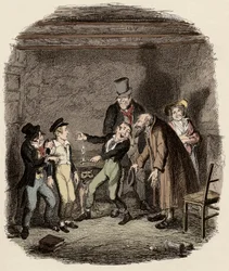 Oliver Twist modtages af gamle Fagin og hans hold - Oliver modtages af Fagin og drengene - Illustration til "Oliver Twist" (Olivier) (The Adventures of Oliver Twist) af Charles Dickens (1812-1870), af George Cruikshank (1792-1878) .