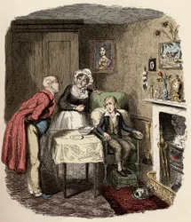 Oliver bliver taget til sig og plejet af hr. Brownlow og hans husholderske fru Bedwin - Oliver kommer sig efter feberen - Illustration til „Oliver Twist“ (Oliver) (Oliver Twists eventyr) af Charles Dickens (1812-1870), af George Cruikshank (1792-1878)