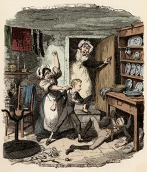 Oliver plukker en ånd - Illustration pour ""Oliver Twist"" (Olivier) (The Adventures of Oliver Twist) af Charles Dickens (1812-1870), af George Cruikshank (1792-1878)