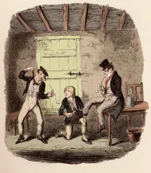 Oliver vokser rævens sko, mens Charley Bates forklarer farerne ved at hænge - Master Bates forklarer en professionel teknikalitet - Illustration til "Oliver Twist" (Olivier) (The Adventures of Oliver Twist) af Charles Dickens (1812-1870), af George Crui
