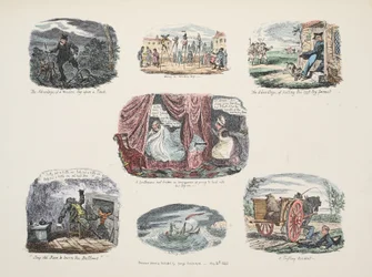 Serie af illustrationer vedrørende fordele og mangler ved at besidde et træben, pub. 1828 (håndfarvet gravering)