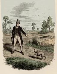 Sikes forsøger at forlade sin hund - Illustration til "The Adventures of Oliver Twist" af Charles Dickens (1812-1870), af George Cruikshank (1792-1878).