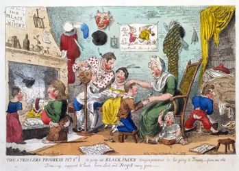 The Strollers Progress Plate 1, et kig på Black Jacks Origin Forud for hans Going to Douay, pub. 1809 (håndfarvet radering)