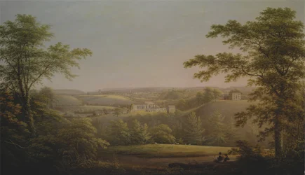 Easby Hall og Easby Abbey med Richmond, Yorkshire i baggrunden