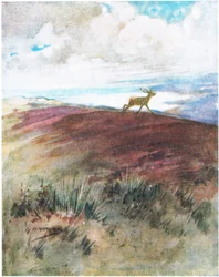 Luften var tæt og tung, da han galopperede ned fra højderyggen (farve litho)