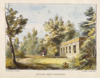 Aviary, Kew Gardens, plade 10 fra Kew Gardens: A Series of Twenty-Four Drawings on Stone, indgraveret af Charles Hullmandel (1789-1850) udgivet 1820 (håndkoloreret litho)