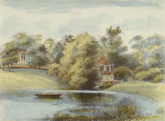 Chinese Temple and Temple of Eolus, Kew Gardens, plade 16 fra Kew Gardens: A Series of Twenty-Four Drawings on Stone, graveret af Charles Hullmandel (1789-1850) udgivet 1820 (håndkoloreret litho)