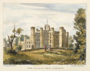 New Palace, Kew Gardens, plade 1 fra Kew Gardens: A Series of Twenty-Four Drawings on Stone, graveret af Charles Hullmandel (1789-1850) udgivet 1820 (håndkoloreret litho)