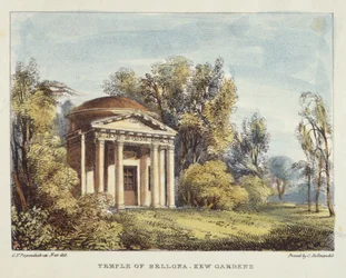 Temple of Bellona, Kew Gardens, plade 24 fra Kew Gardens: A Series of Twenty-Four Drawings on Stone, graveret af Charles Hullmandel (1789-1850) udgivet 1820 (håndkoloreret litho)