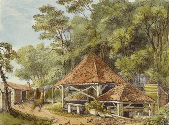 Water Works, Kew Gardens, plade 22 fra Kew Gardens: A Series of Twenty-Four Drawings on Stone, graveret af Charles Hullmandel (1789-1850) udgivet 1820 (håndkoloreret litho)