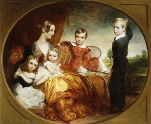 Et gruppeportræt af en dame med sine fire børn på en terrasse, 1843