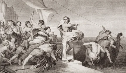 Kong Alfred opildner angelsakserne til at afvise danskernes invasion i år 876 e.Kr., fra «Illustrationer til engelsk og skotsk historie», bind I