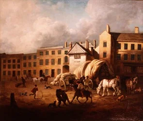 Byscene fra det 18. århundrede med figurer og heste i en gård