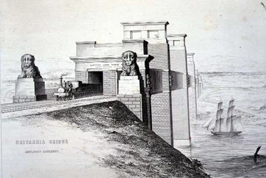 Britannia Bridge, Anglesey Entrance, indgraveret af kunstneren, pub. 1849 (litho) (for farve se 122445)