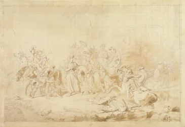 Banditti fra Kurdistan hjælper georgiere med at overraske og bortføre cirkassiske kvinder ca. 1827-28 (pen og brunt blæk på vævet papir)