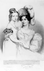 Dronning Victoria og hendes mor prinsesse Victoria, hertuginde af Kent og Strathearn, indgraveret af Richard James Lane, 1834