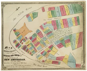 Kort over de oprindelige tildelinger af landsbygrunde fra det hollandske vestindiske kompagni til indbyggerne i New-Amsterdam (nu New-York), der ligger under den nuværende linje på Wall Street, 1857 (sort blæk, med farve