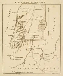 Plan over byen New York med angivelse af de lavede [sic] og sumpområder, 1856 (sort blæk på papir)
