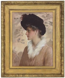 Portræt af en dame, halvlængde, iført sort hat og pelsstol, 1888