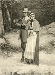 Puritansk par på vej til søndagsgudstjeneste, indgraveret af Thomas Gold Appleton, 1885