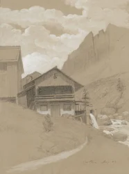 Hus i Alperne, Cortina, 1883 (grafit med hvid gouache på brunt vævet papir)