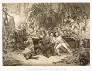 Horatio Nelson går ombord på San Josef i slaget ved Cape St Vincent, 14. februar 1797, indgraveret af John Crew efter originalen i Greenwich Hospital Collection