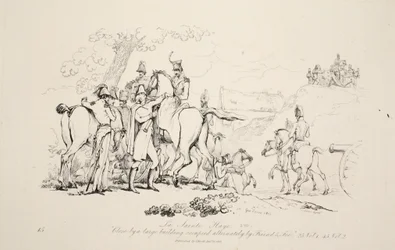La Sainte Haye: Tæt på en stor bygning optaget skiftevis af Friend and Foe, pub. J. Booth, 1816