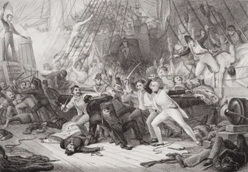 Nelson går ombord på San Josef i slaget ved St. Vincent, 14. februar 1797, fra `Illustrationer af engelsk og skotsk historie