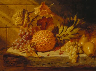 Sorte og hvide druer, pærer, ribs og en ananas på en afsats, 1845