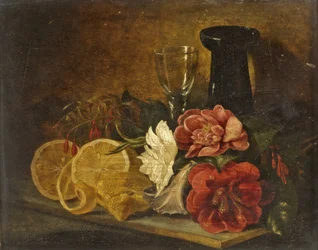 Stilleben med frugt og blomster, 1855
