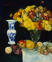 Blomster i en vase og frugt, ca. 1897-1931 (olie på lærred)