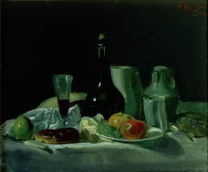 Stilleben - flaske og frugt