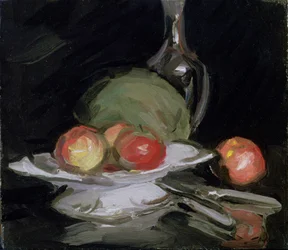 Stilleben skål med frugt, melon og karaffel