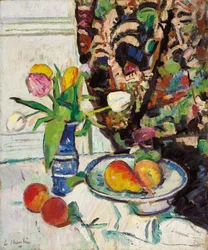 Stilleben med tulipaner og frugt,