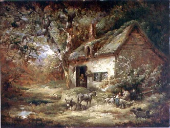Sommerhusdør med et æsel (olie på lærred)