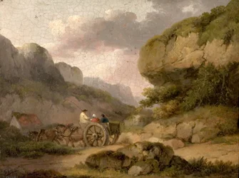 Landskab med heste, vogn og figurer