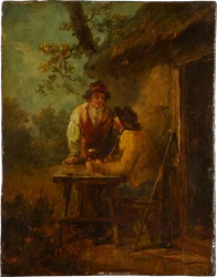 Bønder foran en hytte