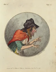 Tegneserie af en gammel kvinde, ætset af Isaac Cruikshank