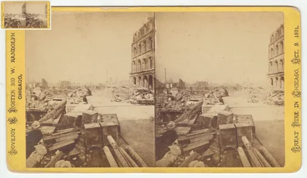 Stereograf af pengeskabe taget fra ruiner på Dearborn Street efter Chicago-branden i 1871, 1871 (bw-foto på kortholder)
