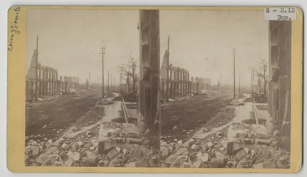 Stereografisk udsigt over Clark Street efter Chicago-branden i 1871